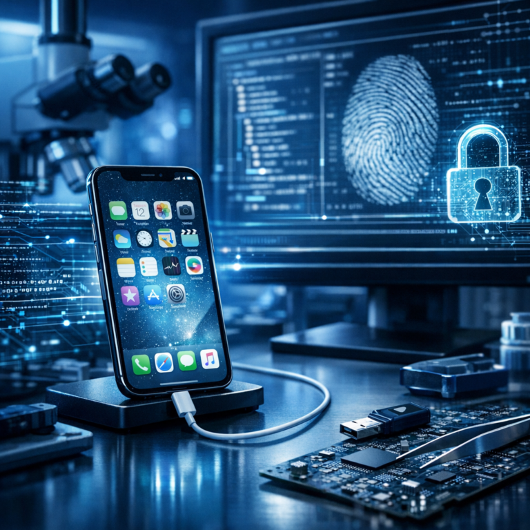 iPhone Datenrettung durch IT-Forensik – wenn herkömmliche Methoden nicht ausreichen - Modernes professionelles Titelbild zur iPhone Datenrettung durch IT-Forensik: iPhone auf Laborarbeitsplatz, digitale Datenströme, Cybersecurity- und Forensik-Atmosphäre, blaues Licht, clean, high-tech, seriös, ohne Text