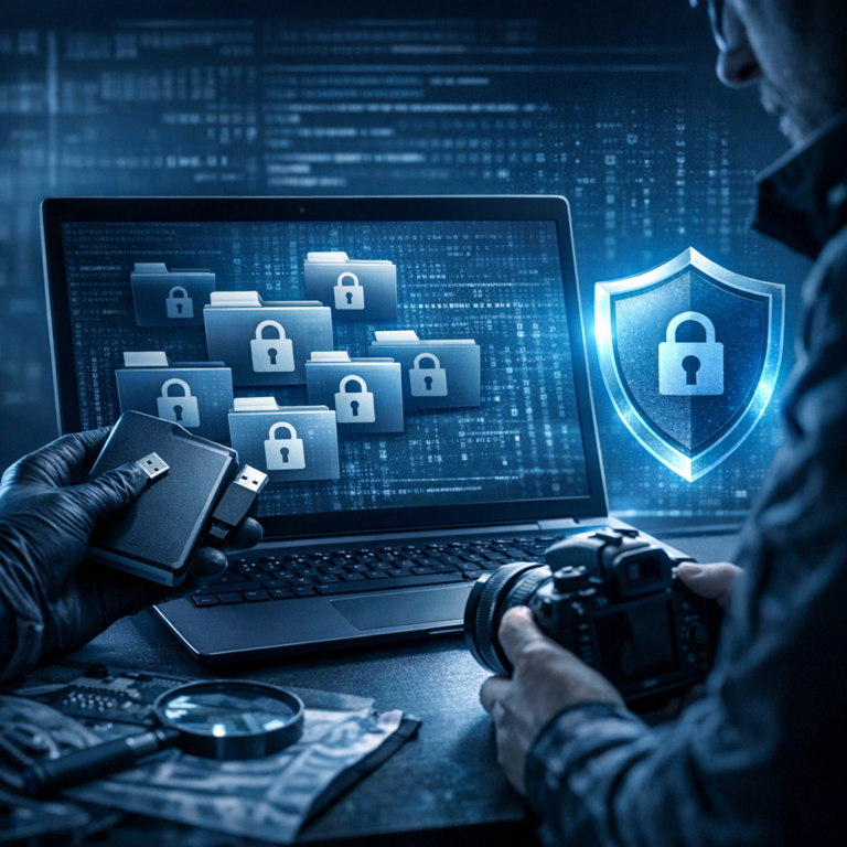 IT-Forensik bei Cyberstalking: Wie digitale Beweise gesichert werden - Modern cybersecurity and digital forensics concept: investigator securing digital evidence against cyberstalking, laptop screen with encrypted files, shield icon, subtle code patterns, professional blue lighting, no text