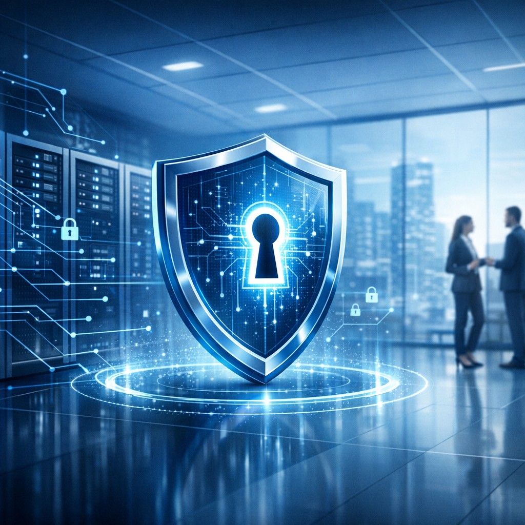IT-Sicherheit für Unternehmen - Modernes Cybersecurity Beitragsbild für Unternehmen: digitales Schutzschild, Server-Infrastruktur, Netzwerk-Linien, Business-Umgebung, professionelle blaue Farbwelt, clean, hochwertig, 16:9
