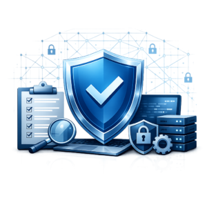 IT-Sicherheit & Governance (B2B / Audit) - Modern professional B2B cybersecurity governance audit concept, secure digital network, shield icon, compliance checklist, blue corporate color palette, clean minimal style, no text