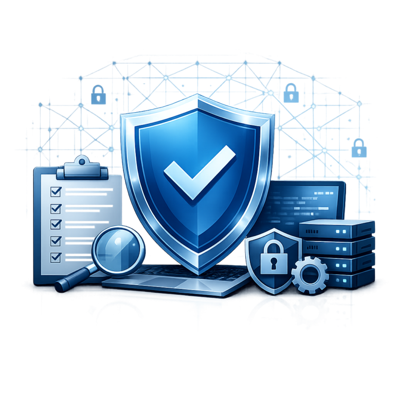IT-Sicherheit & Governance (B2B / Audit) - Modern professional B2B cybersecurity governance audit concept, secure digital network, shield icon, compliance checklist, blue corporate color palette, clean minimal style, no text