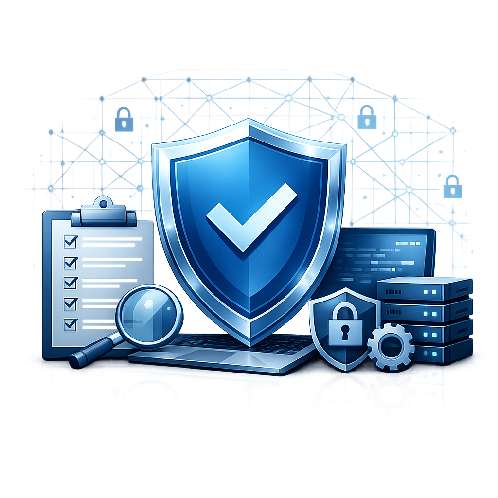 IT-Sicherheit & Governance (B2B / Audit) - Modern professional B2B cybersecurity governance audit concept, secure digital network, shield icon, compliance checklist, blue corporate color palette, clean minimal style, no text
