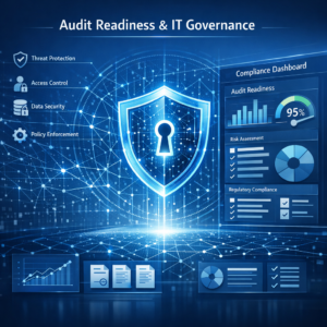 IT-Sicherheit & Governance (B2B / Audit) - Modernes B2B IT-Sicherheits- und Governance-Konzept für Audit Readiness, abstraktes digitales Shield, Netzwerkstrukturen, Compliance-Dashboard, professionelle blaue Farbwelt, clean corporate style
