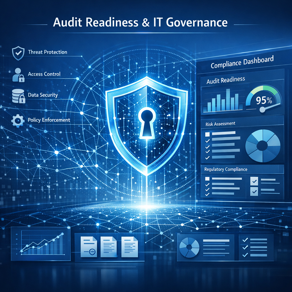 IT-Sicherheit & Governance (B2B / Audit) - Modernes B2B IT-Sicherheits- und Governance-Konzept für Audit Readiness, abstraktes digitales Shield, Netzwerkstrukturen, Compliance-Dashboard, professionelle blaue Farbwelt, clean corporate style