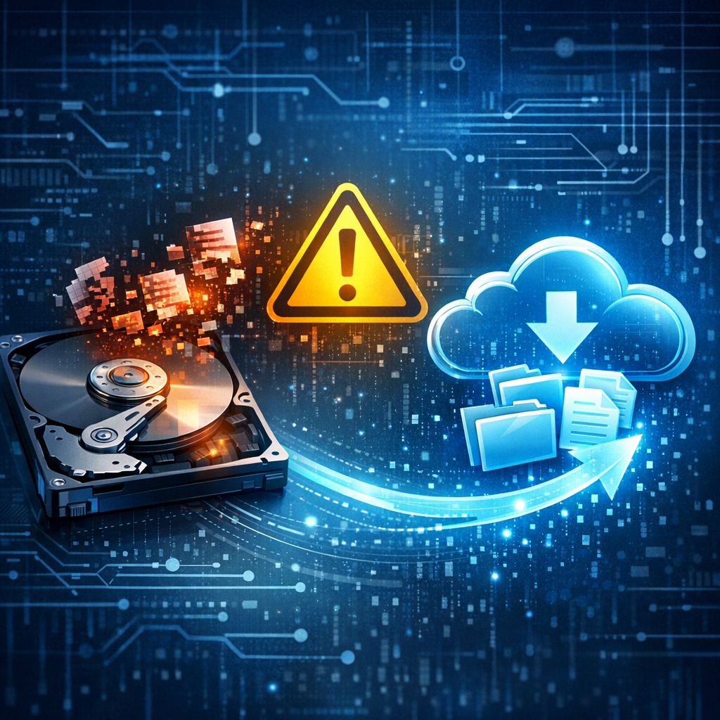 Kann man ein Überschreiben von Daten rückgängig machen? - Modern clean technology illustration showing data recovery after overwritten files, hard drive and cloud icons, blue digital interface, caution symbol, professional IT blog featured image, no text