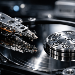 Klackernde / klickende Geräusche (Head-Crash): Leseköpfe setzen auf den Magnetscheiben auf oder schlagen gegen den Anschlag. - Realistic close-up of an opened hard disk drive with damaged read-write head above shiny magnetic platters, dramatic technical lighting, data recovery lab atmosphere, clean modern professional look, no text