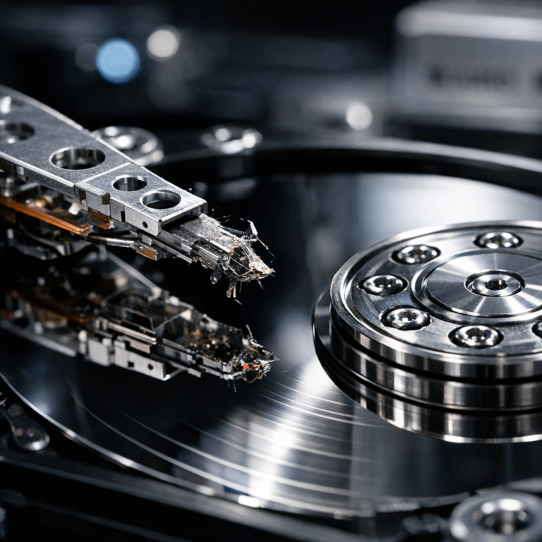 Klackernde / klickende Geräusche (Head-Crash): Leseköpfe setzen auf den Magnetscheiben auf oder schlagen gegen den Anschlag. - Realistic close-up of an opened hard disk drive with damaged read-write head above shiny magnetic platters, dramatic technical lighting, data recovery lab atmosphere, clean modern professional look, no text
