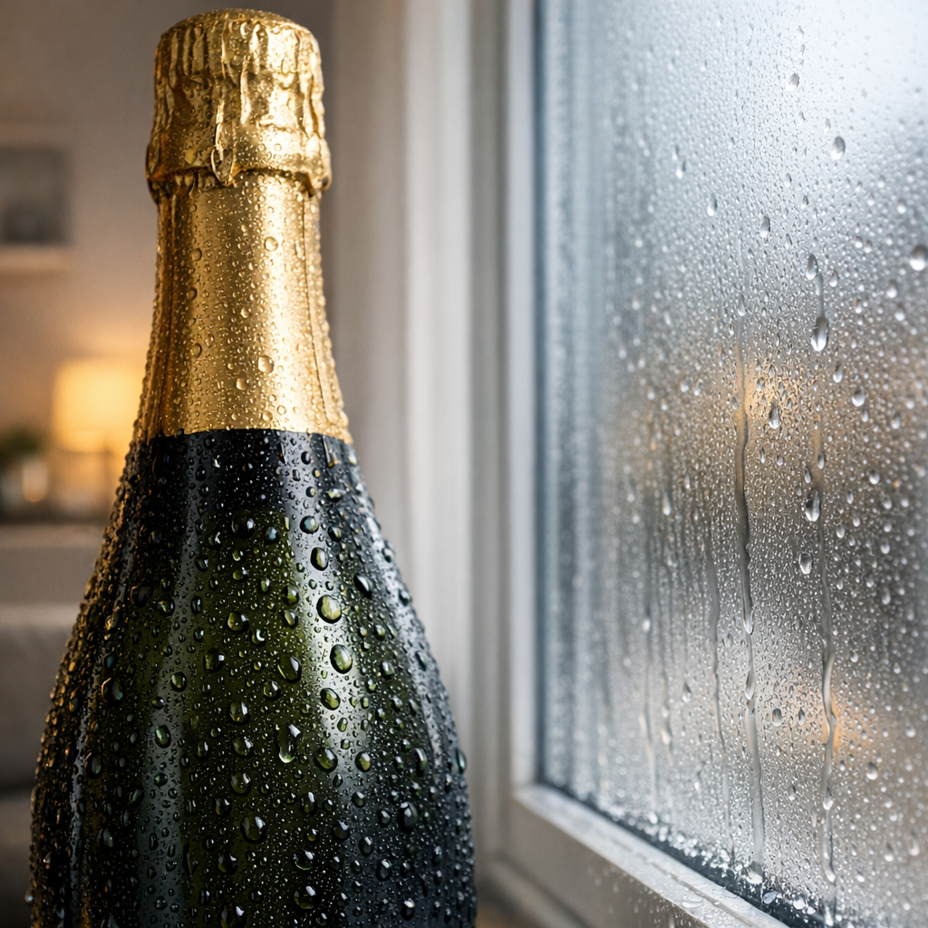 Kondenswasser durch Kalt-Warm-Wechsel (Der „Sektflaschen-Effekt“) - Realistic educational image showing condensation droplets on a cold champagne bottle beside a window, warm indoor air meeting a cold surface, subtle home interior background, clean modern look, moisture and temperature contrast, no text
