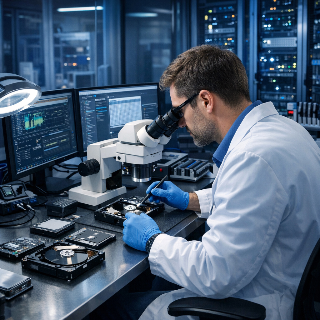 Kosten- und Erfolgsfaktoren bei Professionellen Datenrettungsanbietern - Modern professional data recovery laboratory, technician analyzing hard drives and SSDs, secure server environment, blue technology lighting, clean realistic business style, no text