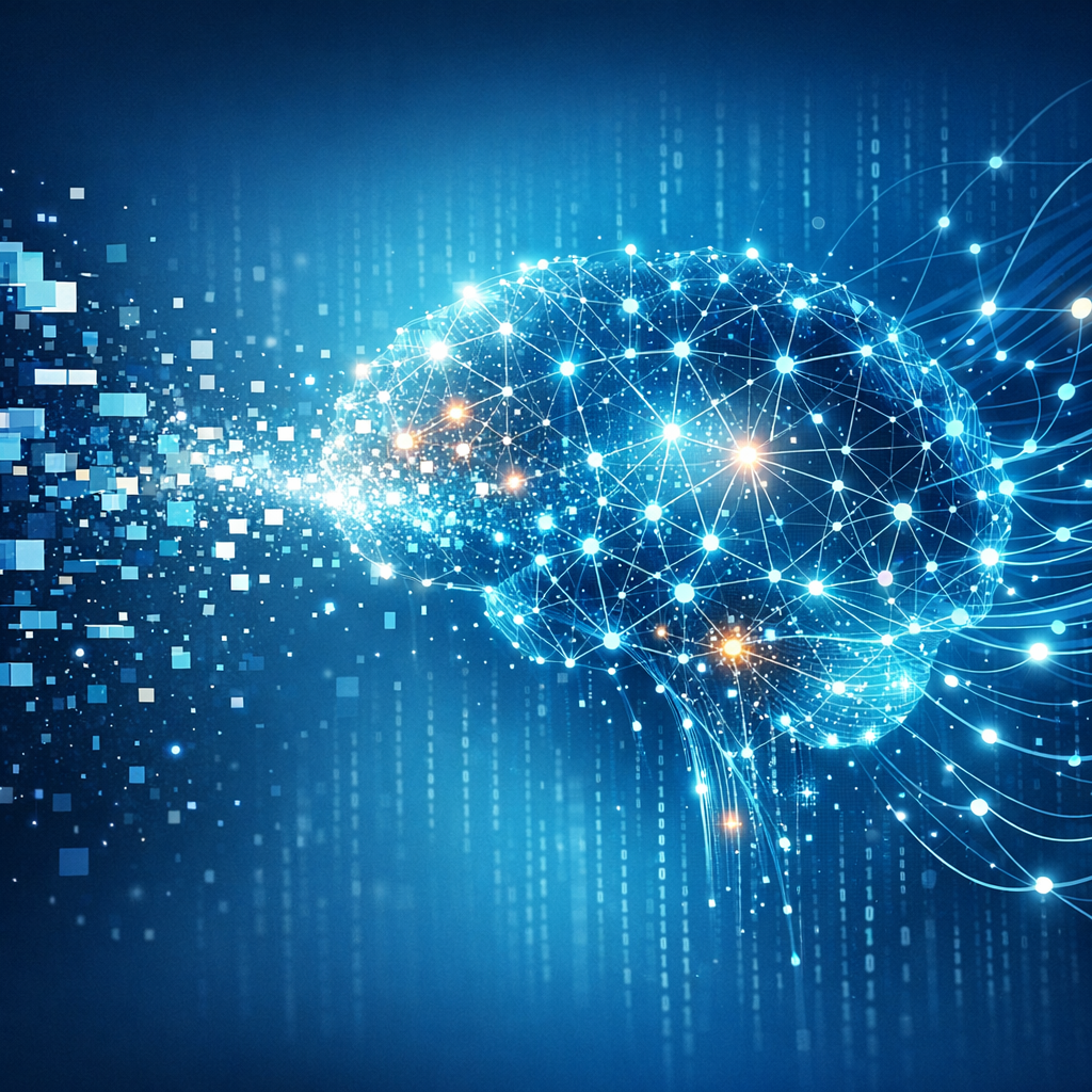 Künstliche Intelligenz (KI) in der Datenrekonstruktion - Modern abstract visualization of artificial intelligence reconstructing fragmented digital data, neural network connections, glowing data particles, clean blue technology style, professional blog header image