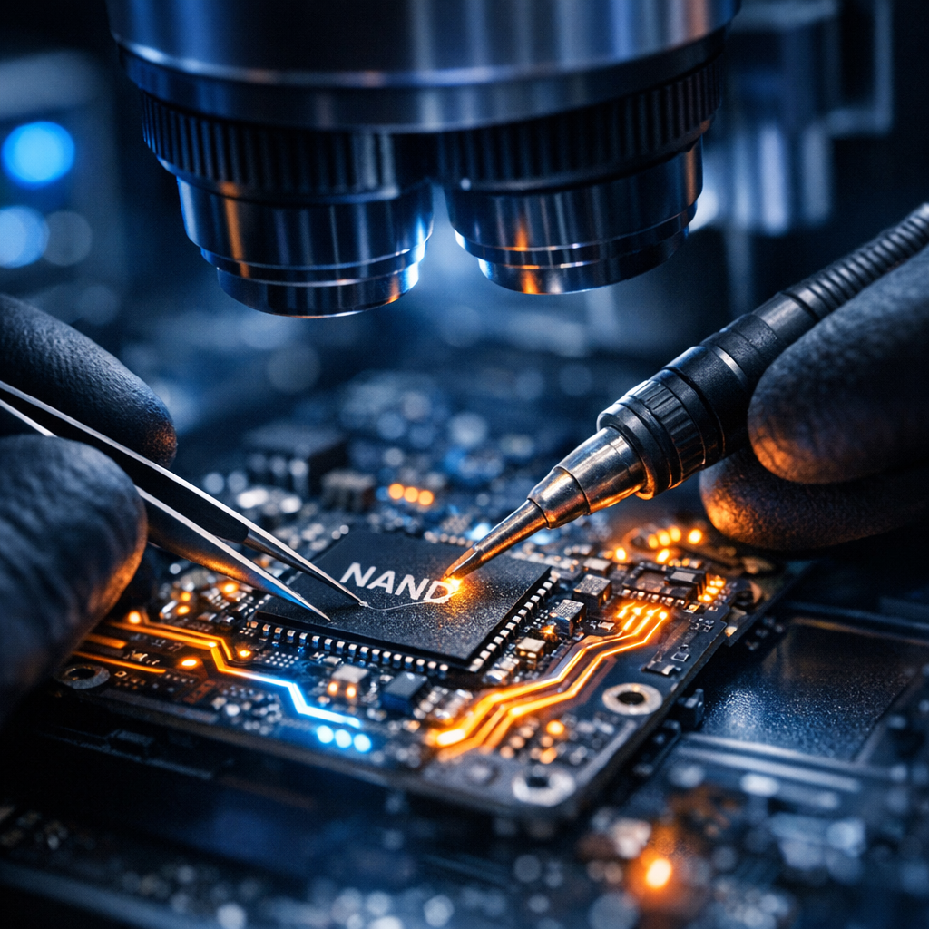 Micro-Soldering & NAND-Flash-Analyse beim Controller-Ausfall - Modern macro shot of a technician performing micro soldering on a small NAND flash memory PCB under a microscope, glowing circuit traces, precision electronics lab, professional data recovery, dark blue technical background, high detail
