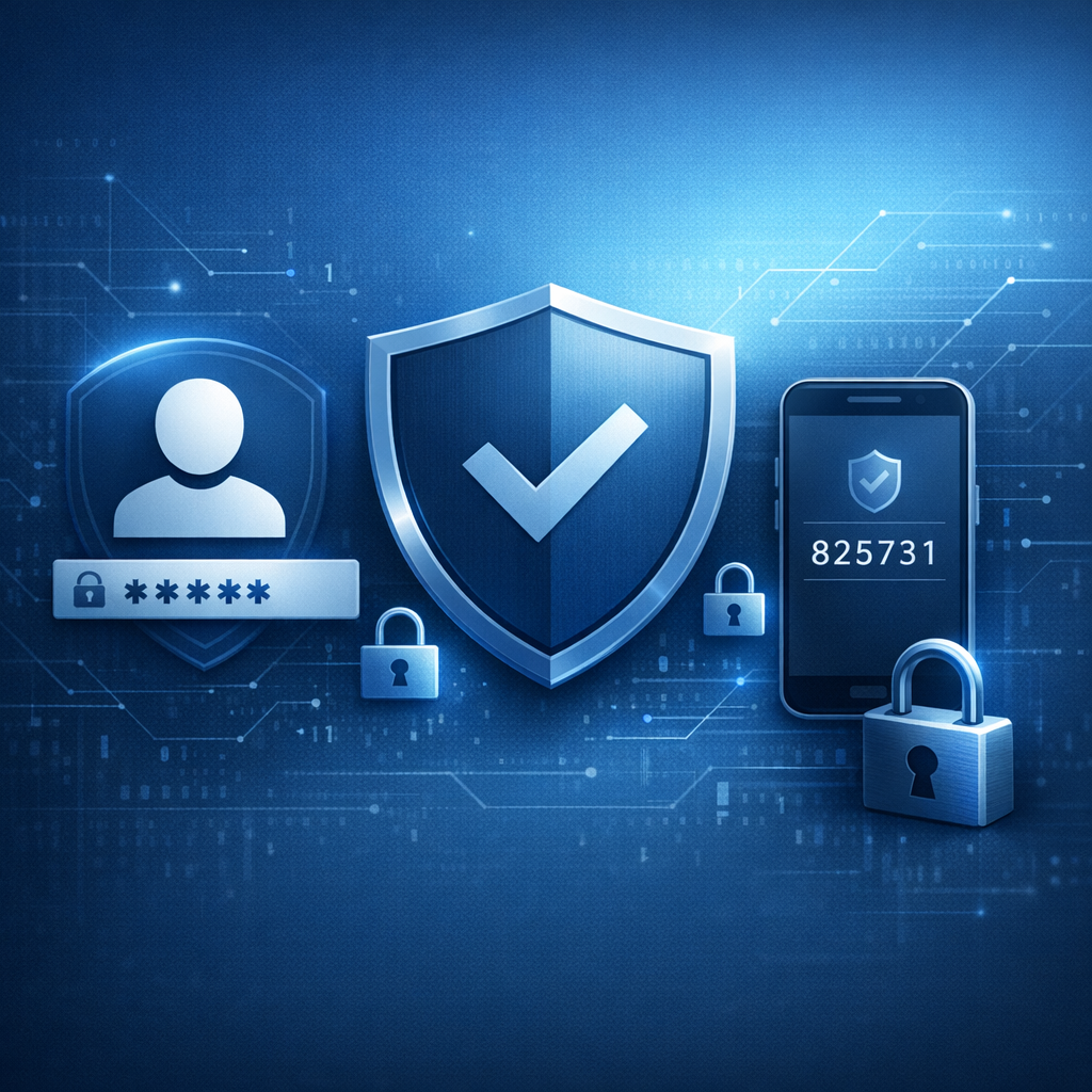 Passwortsicherheit und MFA: Effektiver Schutz vor Account-Übernahmen - Modern cybersecurity illustration showing a protected user account, password field, MFA shield, smartphone authenticator code, lock icons and subtle digital network background, professional blue color palette, clean corporate style, no text