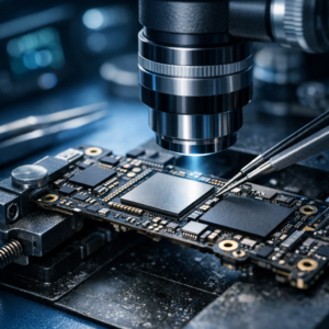 Platinenfehler & defekte CPU/NAND-Paare (iPhone 14 Pro, iPhone SE 3. Gen) - Professional macro photo style of an iPhone logic board repair scene, visible microchips, CPU and NAND memory concept, precision microscope workbench, blue technical lighting, clean modern electronics repair aesthetic, no text