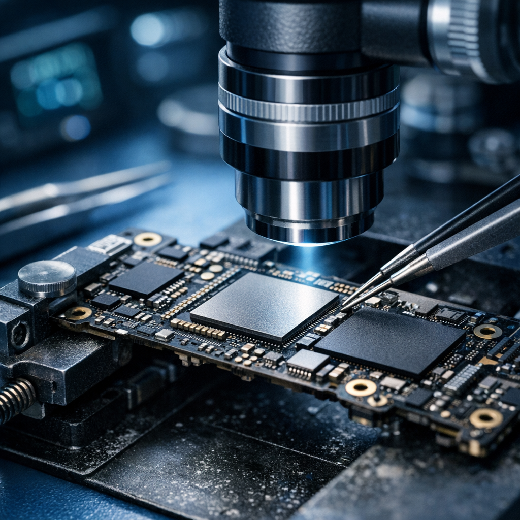 Platinenfehler & defekte CPU/NAND-Paare (iPhone 14 Pro, iPhone SE 3. Gen) - Professional macro photo style of an iPhone logic board repair scene, visible microchips, CPU and NAND memory concept, precision microscope workbench, blue technical lighting, clean modern electronics repair aesthetic, no text