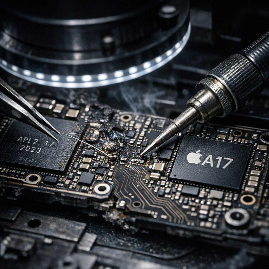 Platinenriss durch Stoßschaden: Board-Level-Datenrettung beim iPhone 17 nach Sturz auf die Kante - Professionelle Smartphone Board-Level-Datenrettung nach Stoßschaden, geöffnete iPhone 17 Platine unter Mikroskop, feine Leiterbahnen, Mikrolötarbeit, dunkler moderner Technik-Look, keine anderen Gerätemodelle, realistisch, hochwertig
