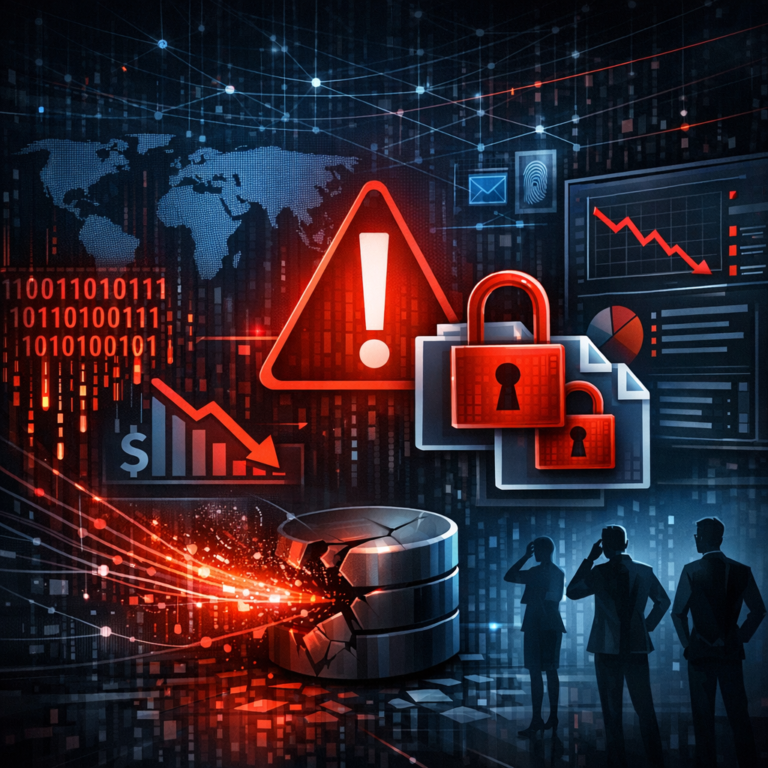 Ransomware 2.0 & Mehrfach-Erpressung - Modern cybersecurity illustration: dark digital network, red ransomware warning, locked files, data leak symbols, business crisis dashboard, clean professional style, no text