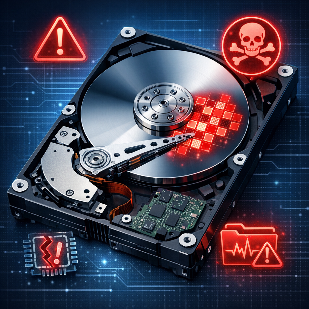 Sektor-Fehler: Wie defekte Blöcke Ihre Festplatte schleichend unbrauchbar machen - Modern technical illustration of a damaged hard disk drive with highlighted red defective data sectors and digital warning icons, clean blue dark background, professional data recovery theme, realistic HDD components, no text