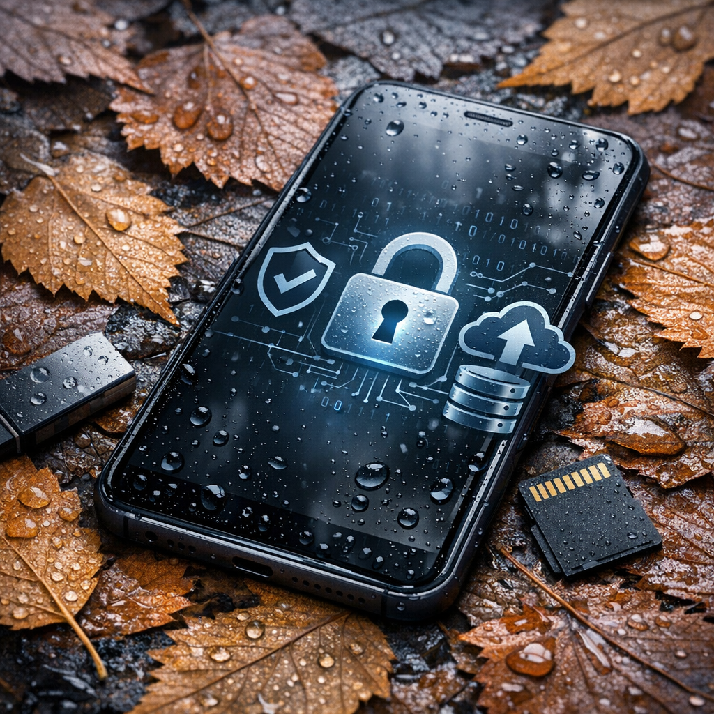 Smartphone-Datenrettung im Herbst: So schützt du deine Daten vor Kälte und Nässe - Modernes Smartphone auf nassem Herbstlaub mit Regentropfen, kühle Herbststimmung, dezente Tech-Optik, Datensicherheit und Backup-Symbolik, professionelles Blog-Titelbild