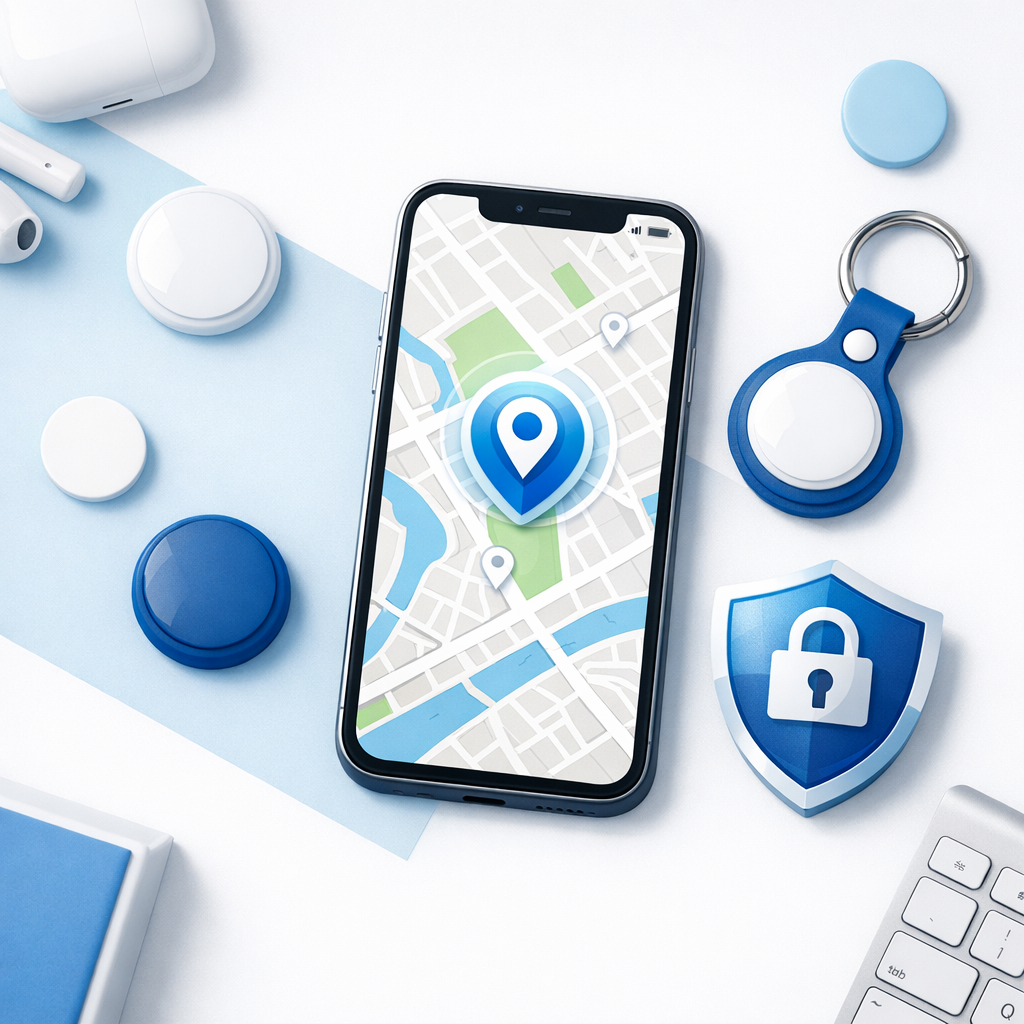 Standort-Verfolgung & Hardware-Tracker (AirTags etc.) - Modern flat lay of small Bluetooth location trackers like AirTags on a desk with smartphone map interface, privacy shield icon concept, clean tech style, blue and white colors, no text
