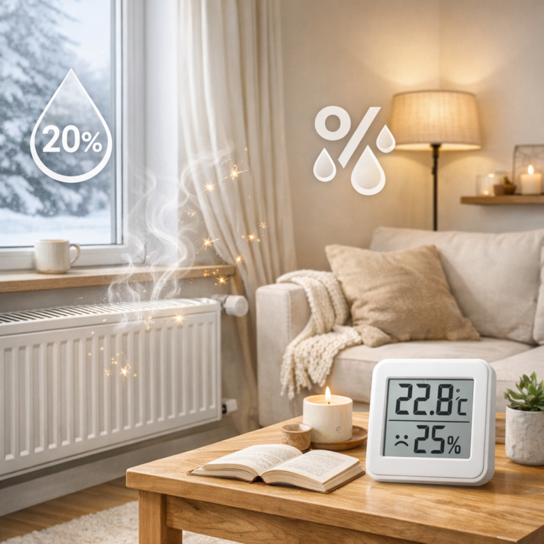 Statische Aufladung durch trockene Heizungsluft - Modernes Ratgeber-Titelbild: gemütlicher Wohnraum im Winter mit Heizkörper, trockener Raumluft, subtilen elektrischen Funken, Hygrometer und Luftfeuchtigkeitssymbolen, klarer heller Stil, professionell, ohne Text