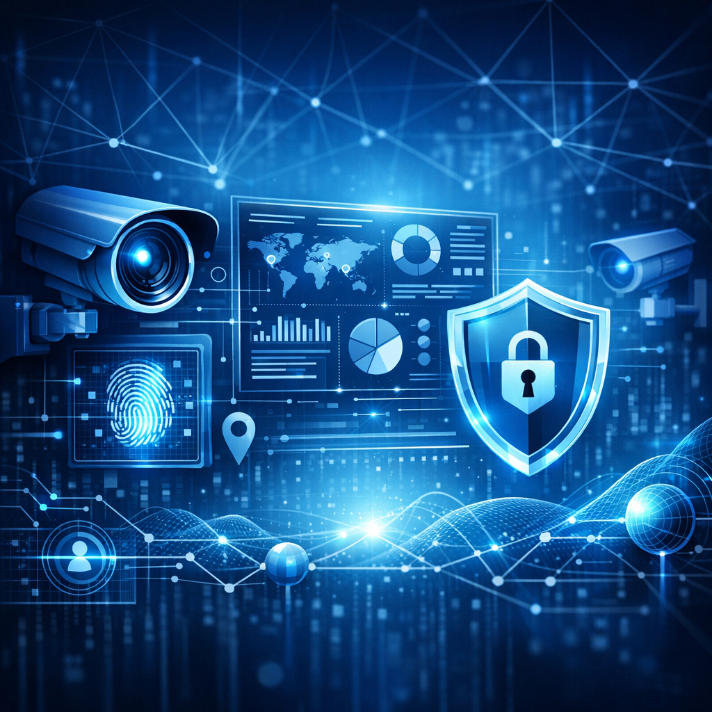 Technische Methoden und Überwachungstechnologien - Modernes abstraktes Beitragsbild zu technischen Überwachungstechnologien: digitale Sensoren, Netzwerklinien, Sicherheits-Dashboard, Kamera-Icon, Datenschutz-Schild, blaues Tech-Design, professionell, clean, ohne Text