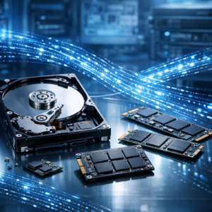 Technische Verfahren der Datenrettung - Modern technical data recovery concept: open hard drive, SSD chips, digital data streams, blue professional IT lab atmosphere, clean high-tech style, no text