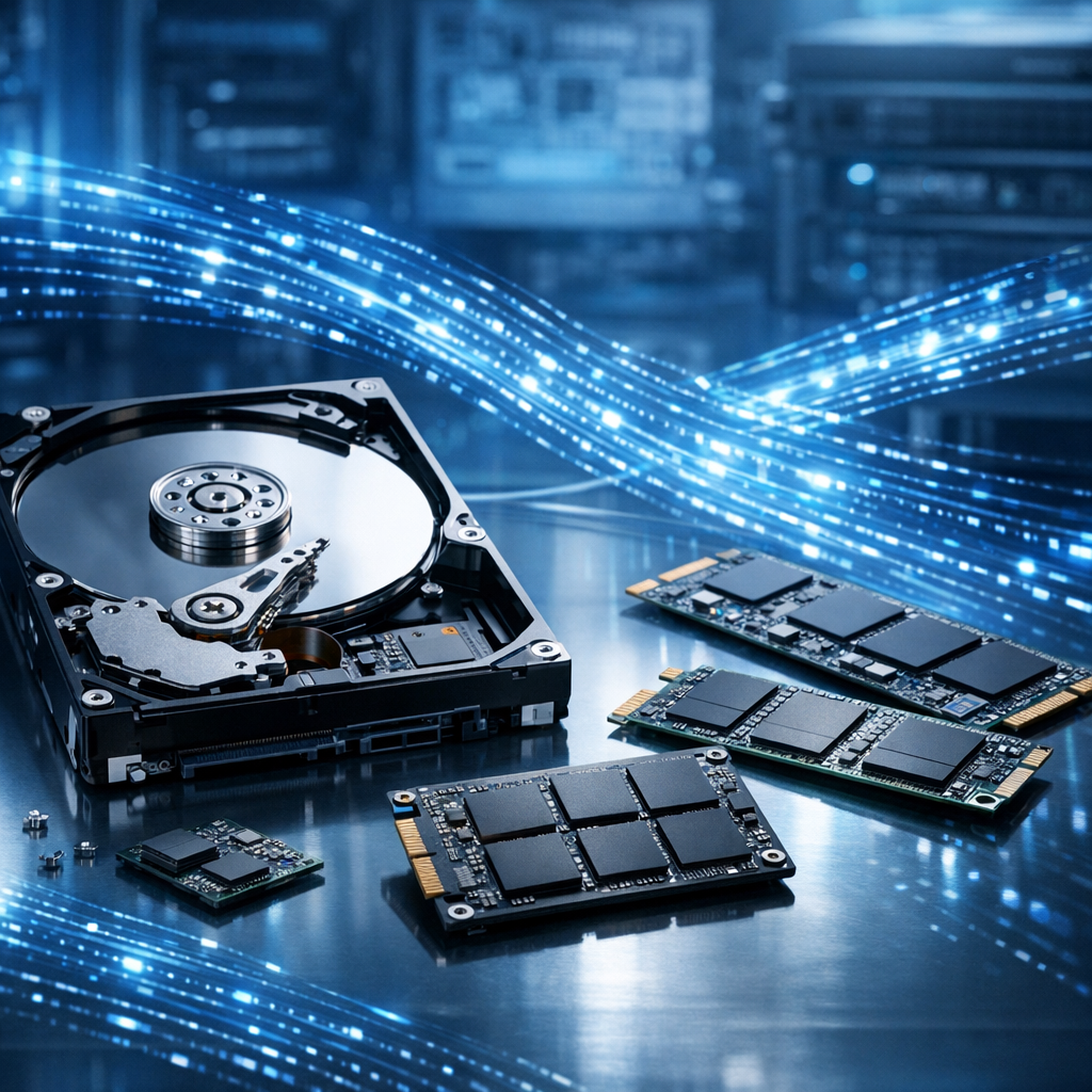 Technische Verfahren der Datenrettung - Modern technical data recovery concept: open hard drive, SSD chips, digital data streams, blue professional IT lab atmosphere, clean high-tech style, no text
