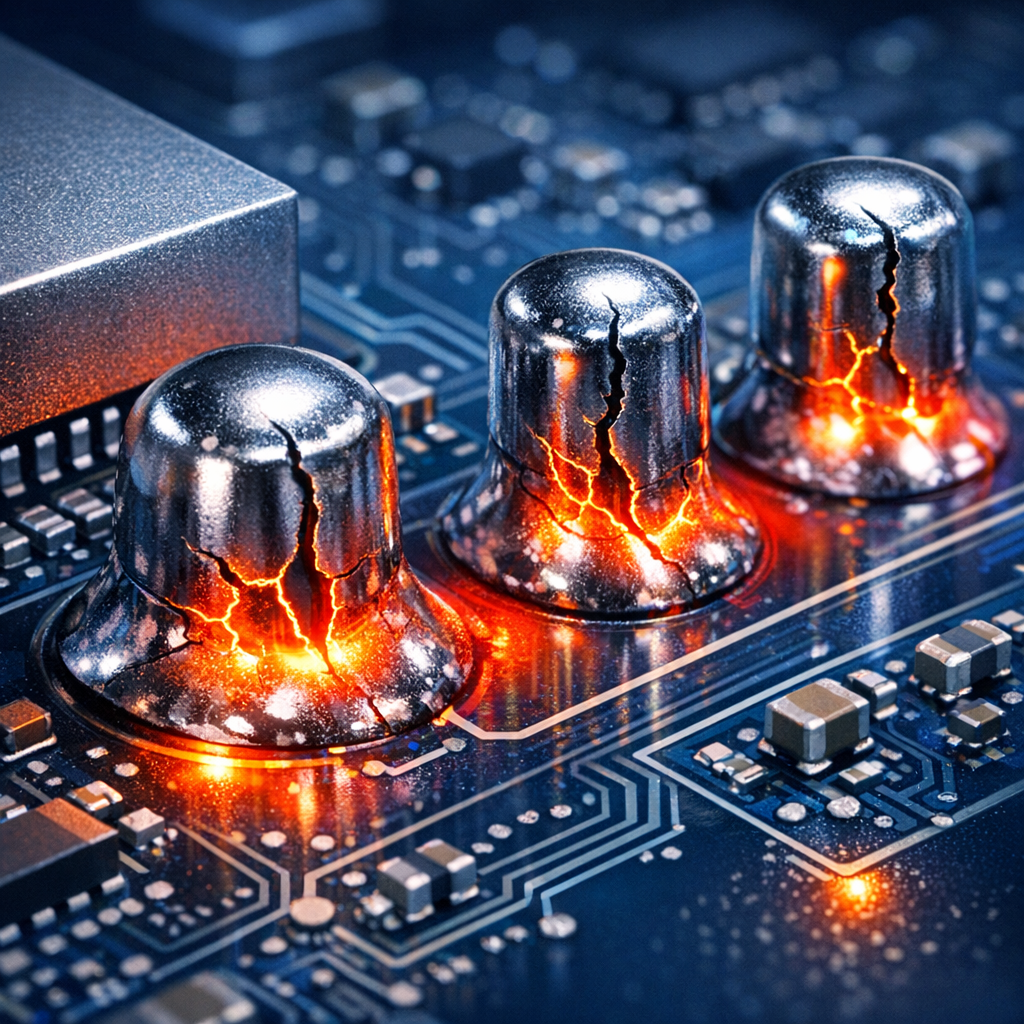 Thermischer Stress (Mikrorisse in Lötstellen) - Macro technical illustration of an electronic circuit board with solder joints showing microscopic thermal stress cracks, glowing heat gradient, professional clean high-tech style, dark blue background, realistic PCB detail