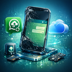 Totalschaden am iPhone 16e: So kommen Sie trotz zerstörtem Bezel und Gehäuse an Ihre WhatsApp-Backups - Modern technical illustration of a severely damaged iPhone 16e with cracked bezel and bent housing, WhatsApp chat backup symbols, iCloud and data recovery theme, professional clean blue-green tech style, no text