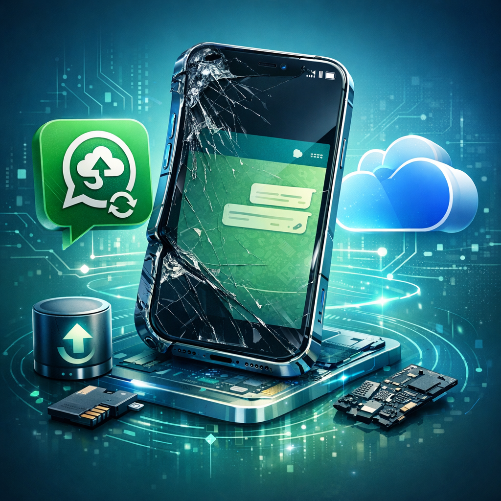 Totalschaden am iPhone 16e: So kommen Sie trotz zerstörtem Bezel und Gehäuse an Ihre WhatsApp-Backups - Modern technical illustration of a severely damaged iPhone 16e with cracked bezel and bent housing, WhatsApp chat backup symbols, iCloud and data recovery theme, professional clean blue-green tech style, no text