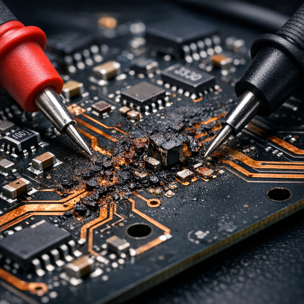 Tote Platine durch Überspannung (PCB-Schaden) - Modern macro photo illustration of a damaged printed circuit board after overvoltage, visible copper traces, small electronic components, subtle scorch marks, diagnostic multimeter probes, clean dark technical background, professional repair lab lighting, high detail