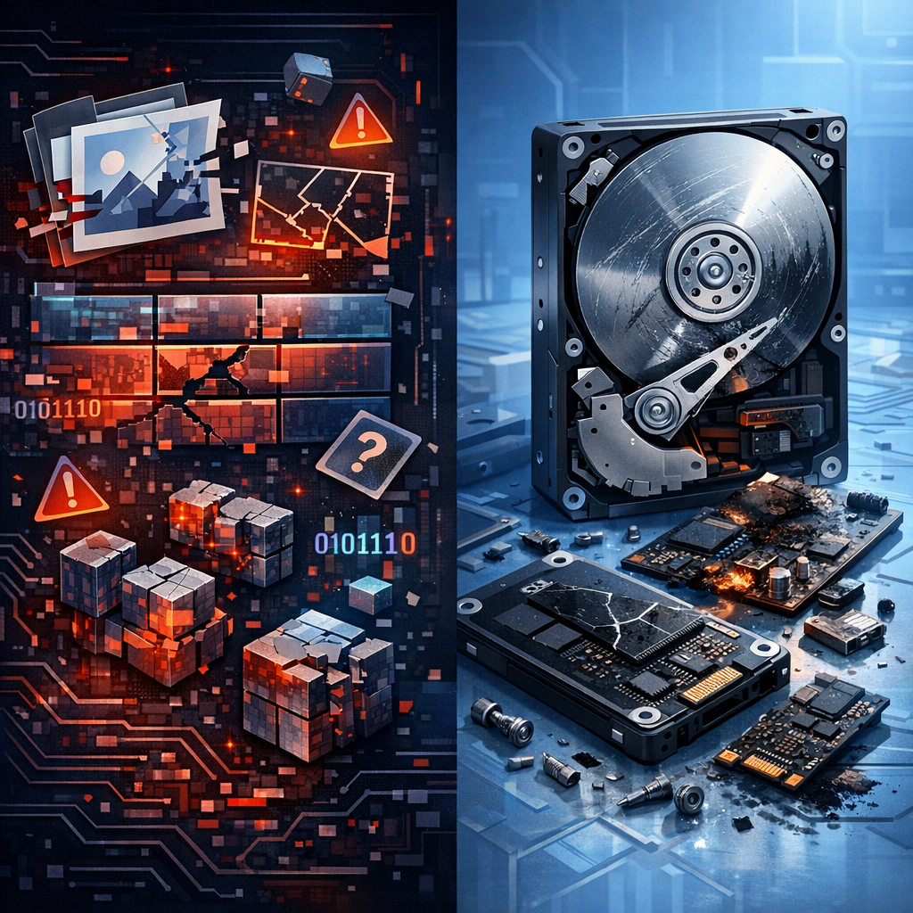Typische Ausfallursachen: Logische vs. Physikalische Schäden - Modern professional data recovery illustration showing a split scene: on one side corrupted digital files and partition structure for logical damage, on the other side damaged hard drive and SSD components for physical damage, clean blue technology style, no text, high detail
