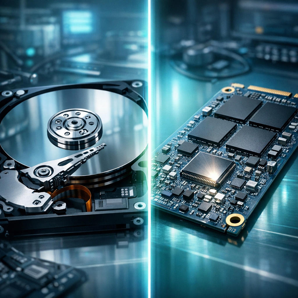 Unterschied HDD vs. SSD Datenrettung? - Modern professional data recovery illustration comparing HDD and SSD, split composition with hard drive platter on left and SSD circuit board with NAND chips on right, blue green technology lighting, clean lab environment, high detail, no text