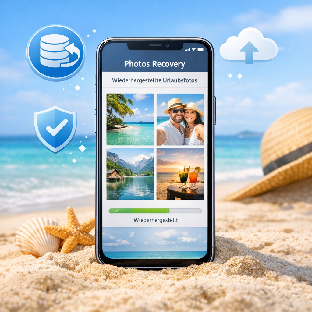 Urlaubsbilder vom Smartphone retten - Modernes Smartphone am Strand mit wiederhergestellten Urlaubsfotos auf dem Display, dezente Datenrettungs- und Cloud-Symbole, freundliche helle Farben, professioneller Tech-Blog-Stil