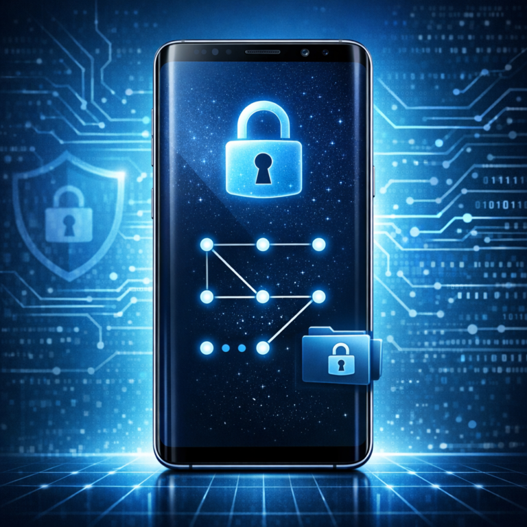 Vergessene Muster/Passwörter & Sicherer Ordner (Galaxy S25 Ultra, Galaxy A25) - Modernes Tech-Titelbild für einen deutschen Ratgeber: Samsung Galaxy Smartphone mit sicherem Sperrbildschirm, Passwort-Punkte, Muster-Entsperrung und Symbol für geschützten Ordner, blaues digitales Sicherheitsdesign, clean, professionell, ohne Text