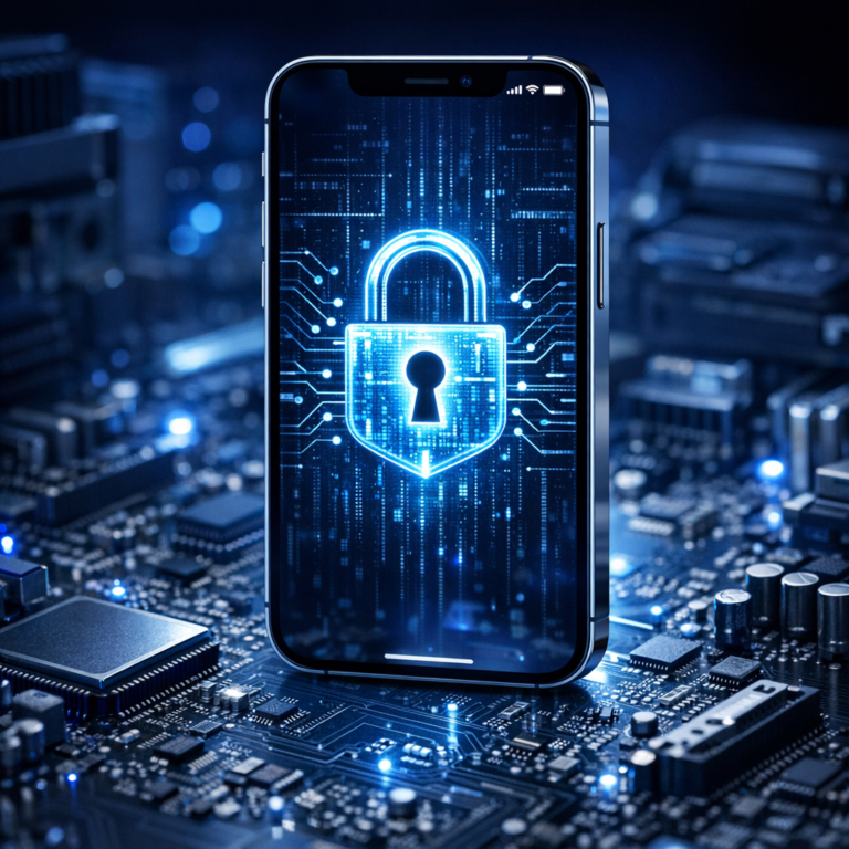 Warum moderne iPhones besonders anspruchsvoll bei der Datenrettung sind - Modernes iPhone auf technischer Platine mit Schloss-Symbol, Datenrettung, Cybersecurity, hochwertige blaue Beleuchtung, professioneller IT-Service, realistisch, clean