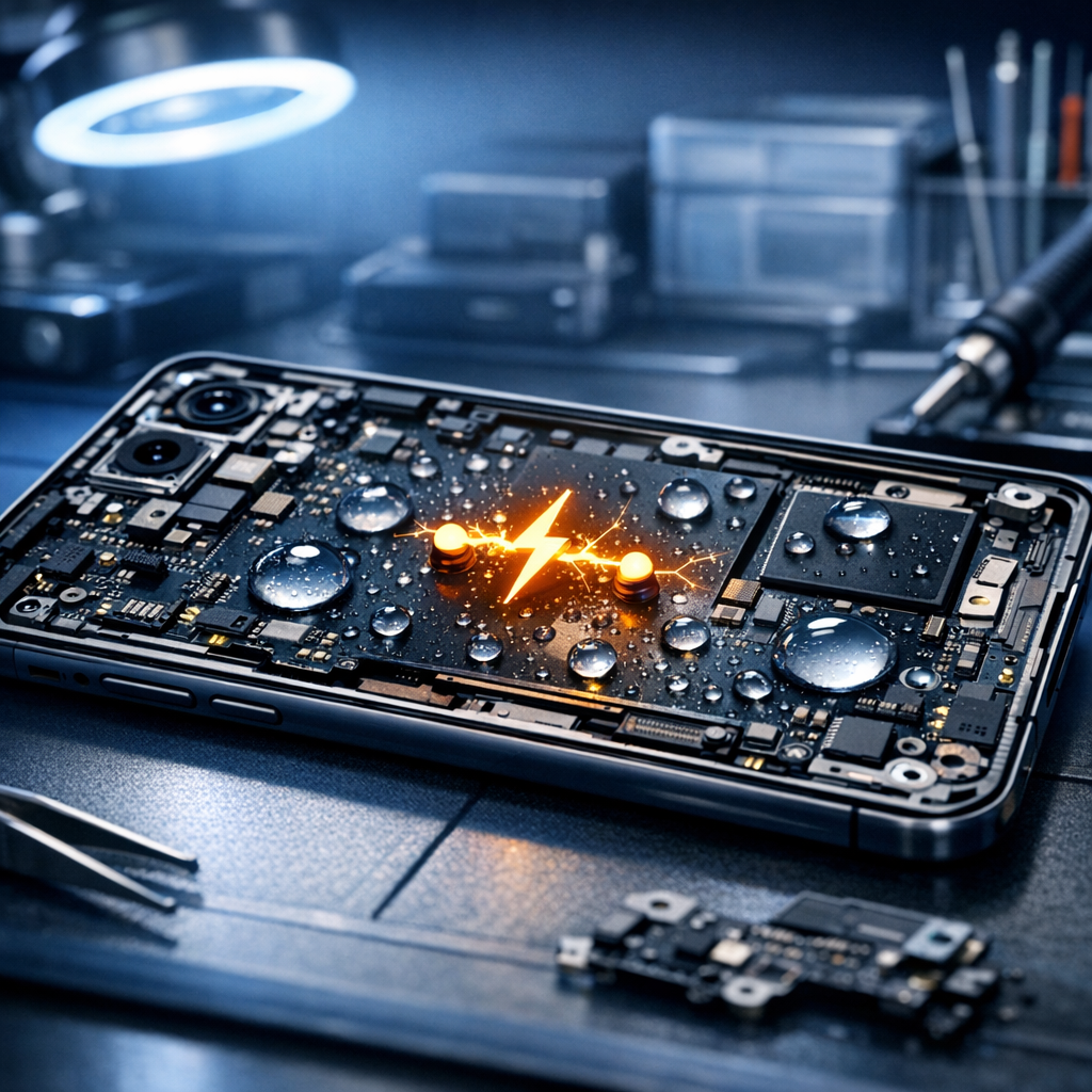 Wasserschaden & Kurzschluss auf dem Mainboard (Galaxy S24 FE, Galaxy A54) - Modernes technisches Beitragsbild: Samsung Galaxy Smartphone geöffnet, sichtbares Mainboard mit Wassertropfen und Kurzschluss-Symbol, professionelle Reparaturwerkbank, blaues Licht, sauberer High-Tech-Stil, ohne Text.