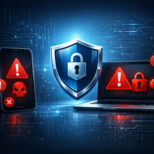 Werde ich digital überwacht? 7 Warnzeichen für Stalkerware auf Smartphone & PC - Modern cybersecurity illustration: smartphone and laptop with red warning icons, shield symbol, privacy protection, subtle dark blue digital background, no text, professional blog header style