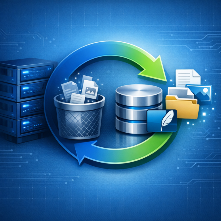 Ausversehen gelöschte Daten & SQLite-Datenbanken - Modern technical illustration of data recovery for deleted files and SQLite databases, blue server racks, database cylinder icon, recovery arrow, clean professional IT security style, no text