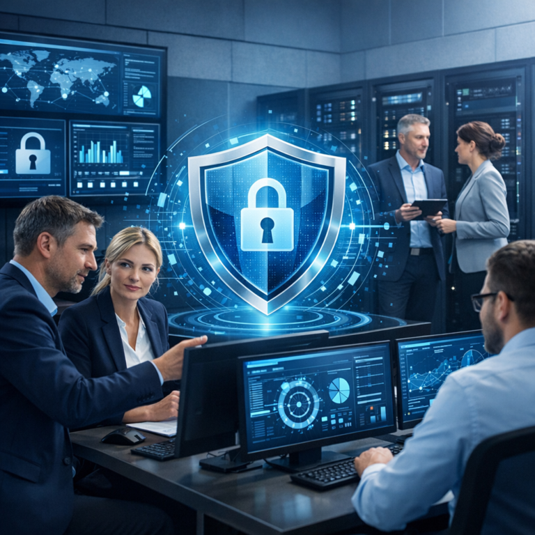 BSI IT-Grundschutz & Notfallvorsorge im Mittelstand - Modern professional cybersecurity scene for German small and medium-sized businesses, BSI IT-Grundschutz and emergency preparedness concept, shield icon, server infrastructure, business team, blue security dashboard, clean corporate style, no text