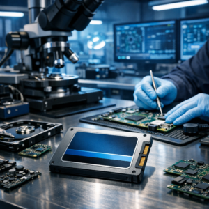 Crucial SSD Datenrettung – schnelle Hilfe bei Datenverlust - Modern professional data recovery lab scene with a Crucial-style SSD, circuit board details, blue technology lighting, technician workspace, clean corporate look, no readable text