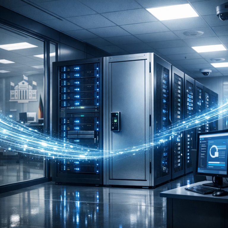 Datenrettung in der deutschen Verwaltung & Kommunalpolitik - Modern editorial hero image for a German municipal administration data recovery article: secure city hall server room, glowing data streams, public sector digital resilience, blue and white professional color palette, clean realistic style, no text, no logos