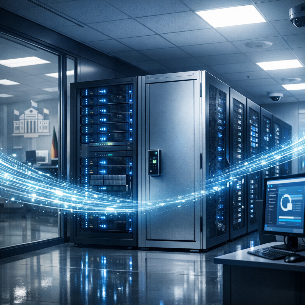 Datenrettung in der deutschen Verwaltung & Kommunalpolitik - Modern editorial hero image for a German municipal administration data recovery article: secure city hall server room, glowing data streams, public sector digital resilience, blue and white professional color palette, clean realistic style, no text, no logos