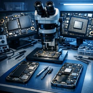 Datenrettung neuester Smartphone-Modelle – iPhone 17 & Galaxy S26 bei Mainboard-, NAND- und CPU-Schäden - Modern professional smartphone data recovery lab, latest iPhone and Samsung Galaxy devices opened on an electronics workbench, visible mainboard, NAND chip and CPU area under microscope, blue technical lighting, clean high-tech style, no text