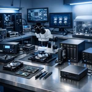 Datenrettung SSD HDD NAS RAID | Rettung deutschlandweit - Modernes professionelles IT-Labor für Datenrettung, SSD, HDD, NAS und RAID-Systeme auf einem Arbeitstisch, dezente blaue Beleuchtung, technische Diagnose, clean corporate style, photorealistic, no text