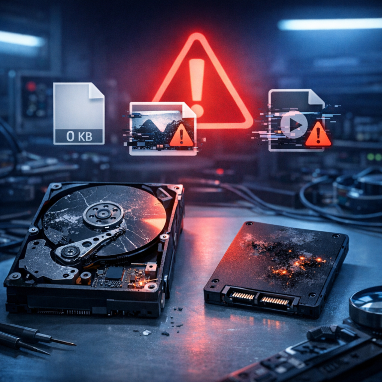 Datenrettungssoftware findet zwar Dateien, stellt aber nur 0 KB große oder beschädigte Dateien wieder her – warum Software bei physikalischen Defekten an ihre Grenzen kommt - Modern technical data recovery scene: damaged hard drive and SSD on a clean workbench, glowing red warning symbol, file icons showing 0 KB and corrupted data, professional diagnostic atmosphere, blue and dark tones, realistic high quality, no text