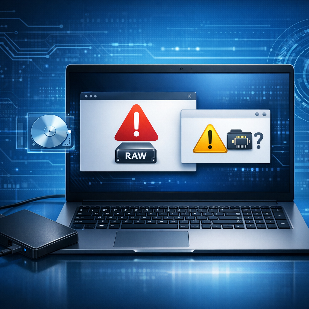 „Der Festplatte fehlen die Treiber“ / RAW-Dateisystem nach Windows-Update - Modern professional data recovery illustration: Windows laptop with warning symbol, external hard drive, RAW file system error, missing driver notification, blue technical background, clean realistic 16:9 style, no text