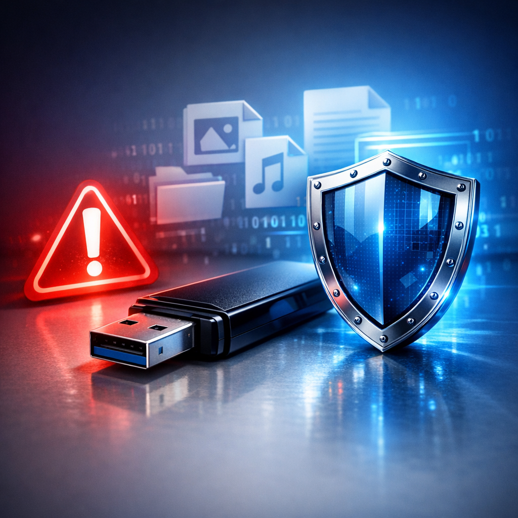 Erste Hilfe bei Datenverlust: Wann Sie den USB-Stick sofort abziehen sollten - Modern professional data recovery emergency concept: USB flash drive on clean desk, warning symbol, digital files and protective shield, blue red accent lighting, realistic tech style, no text
