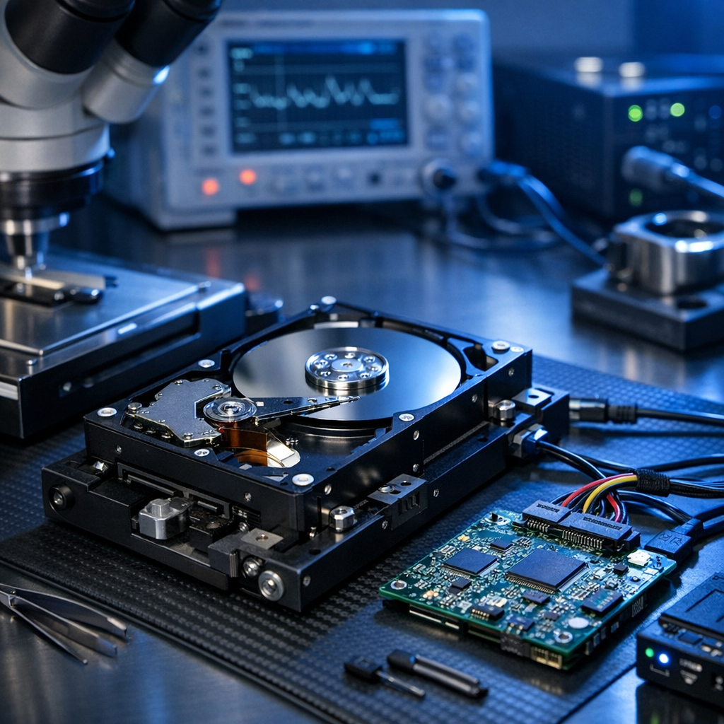Festplatte dreht nicht mehr – Datenrettung bei Motor- oder Elektronikschaden - Professionelle Datenrettung einer defekten mechanischen Festplatte, HDD auf Laborarbeitsplatz, sichtbare Elektronikplatine, dezente blaue Technikbeleuchtung, seriös, modern, keine Personen, realistische Produktfotografie