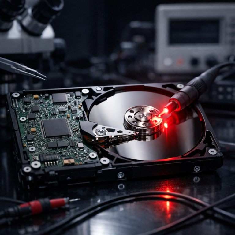 Festplatte dreht nicht mehr – PCB-, Motor- und Elektronikschaden - Professional data recovery scene with a hard disk drive, visible PCB circuit board, spindle motor concept, dark clean tech background, red diagnostic light, realistic high detail, no text
